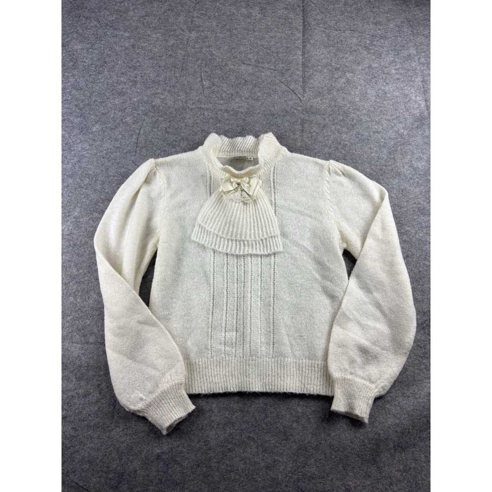 VTG WCC Womens M Ruffle Mock neck Sweater White Preppy Cottagecore Bow Coquette